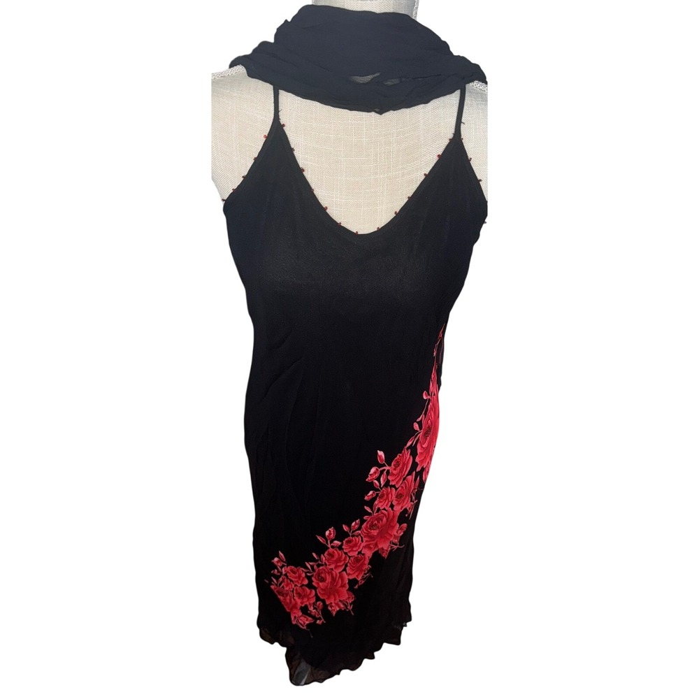 Vtg Y2K Sz L Black Red Rose Floral Beaded Maxi Dress Shawl Fairy Whimsigoth FLAW